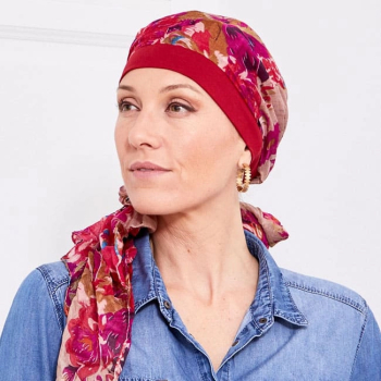 Acheter foulard chimio préformé coton Ughet Bord rouge beige – foulard cancer au meilleur prix