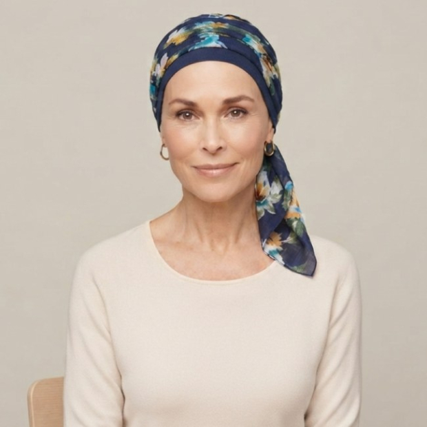 Foulard en coton Ughet Fleur bleu marine - Comptoir de Vie
