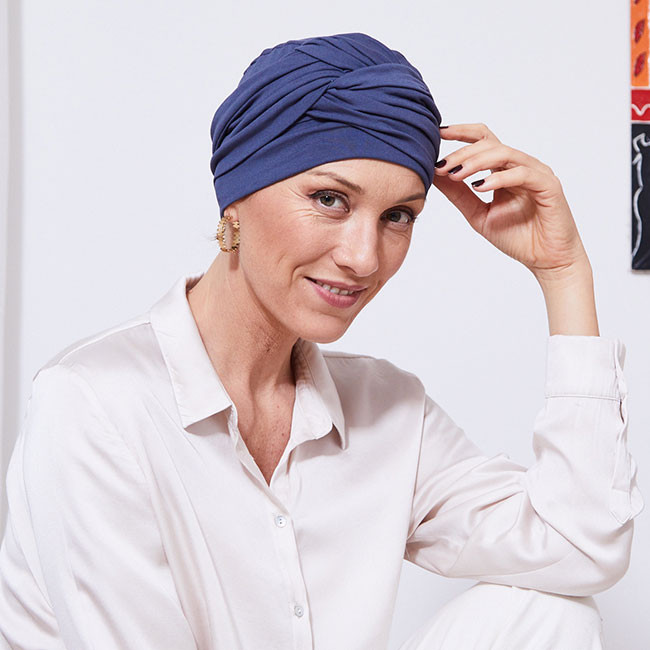 Turban à enrouler pour chimiothérapie Oeko-tex bleu cobalt